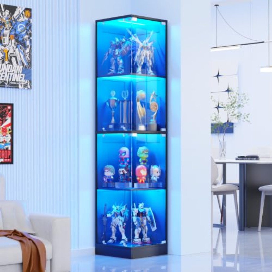 Glass Cabinet Display - Eckvitrine mit Glastüren, MDF-Holz in Weiß,