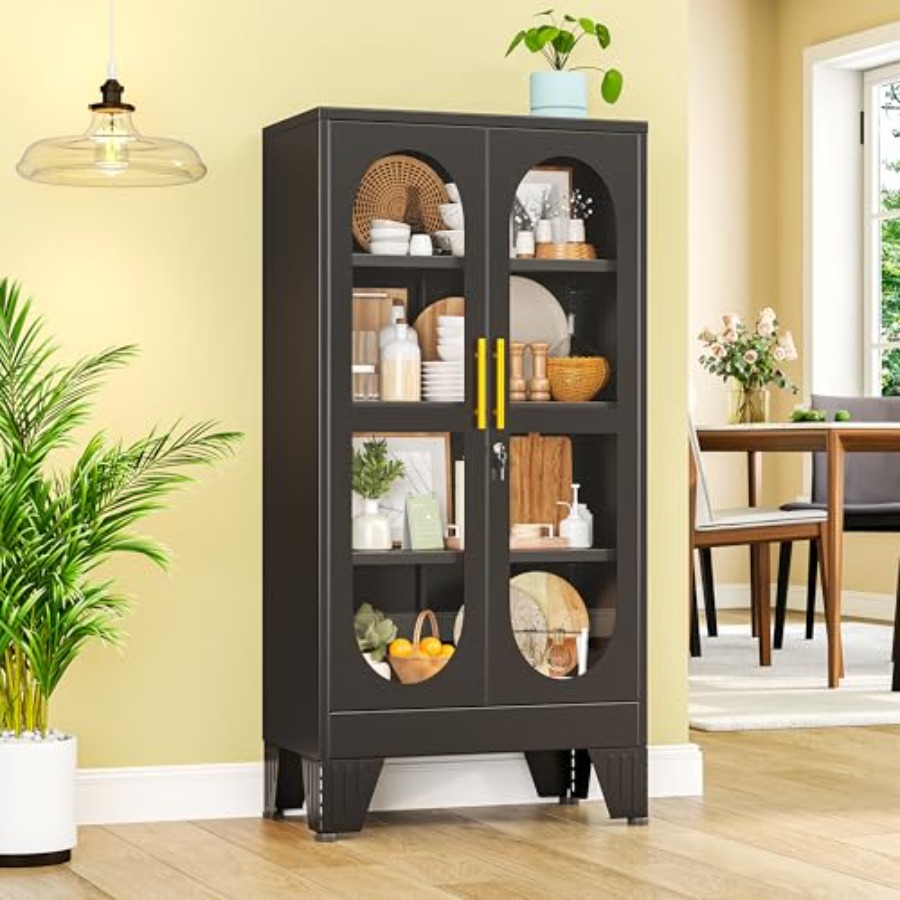 Glass Cabinet Display - 47 H Abschließbarer Vitrinenschrank für Wohnzimmer/Schlafzimmer/Küche/Bar,